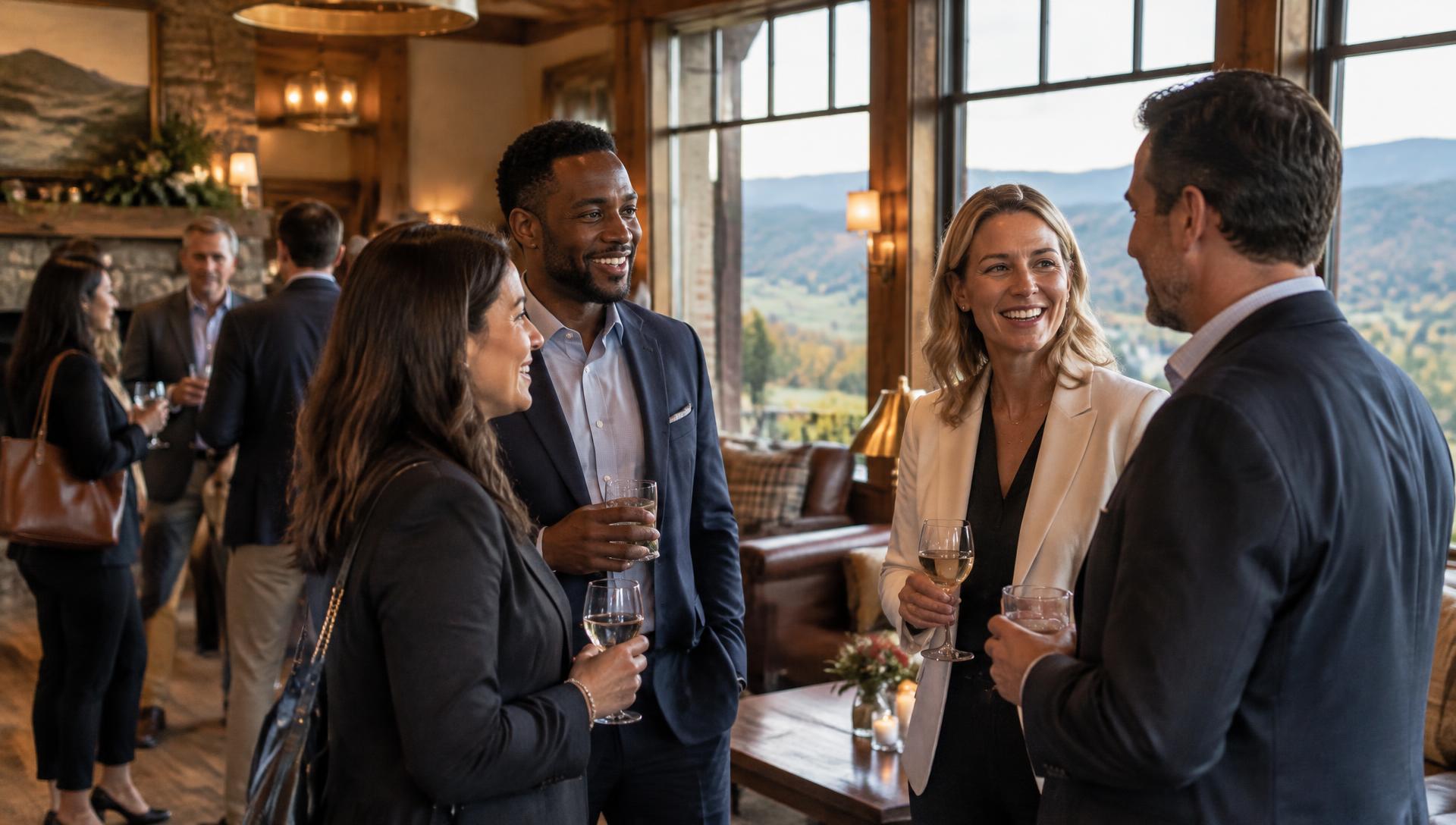 Guests talking at a networking event overlooking the hills