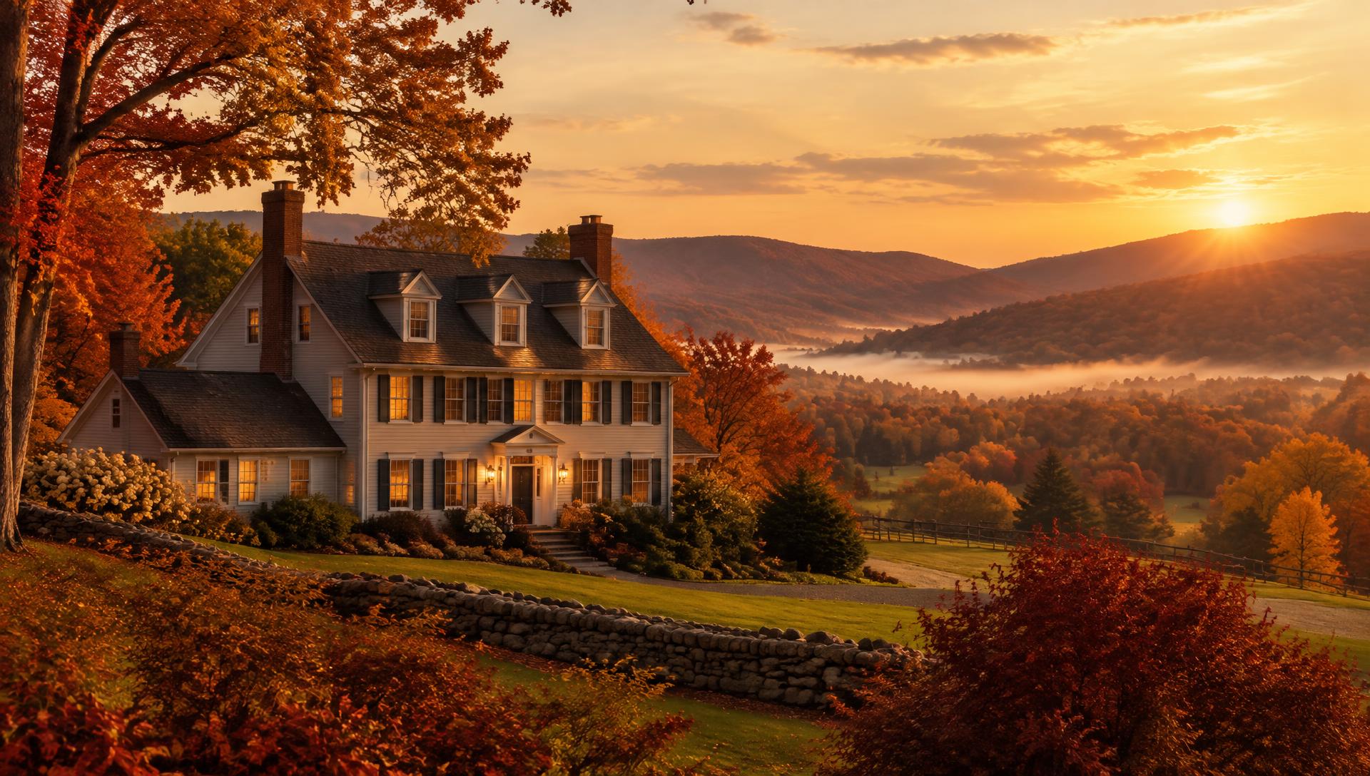 A New England home in the Berkshire hills at golden hour